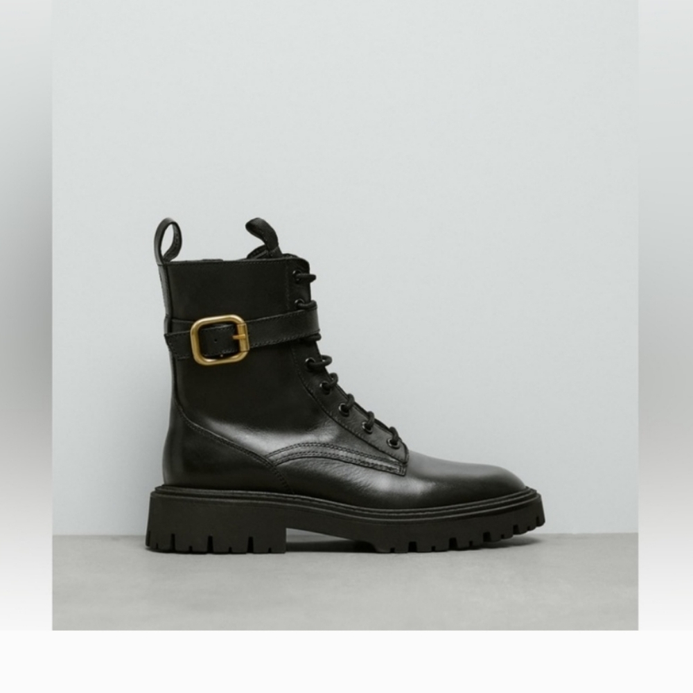 NEW Zara Black Laced Leather Ankle Boots w/Buckle